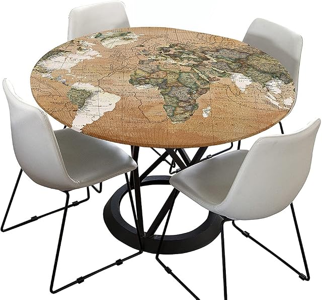 Morbuy Fitted Round Tablecloth for Circular Table, 3D World Printed Table Cloths Waterproof Stain Resistant Dust-Proof Wipeable Table Cover for Home Kitchen Party (Retro,Diameter 120cm)