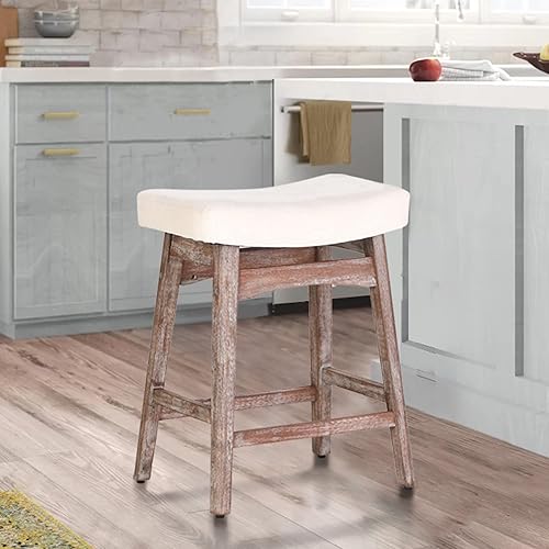 Miniatura 1 de ALPHA HOME Taburete de bar, taburete de cocina de madera maciza con cojín de tela de lino beige, taburete de bar con base de madera vintage para