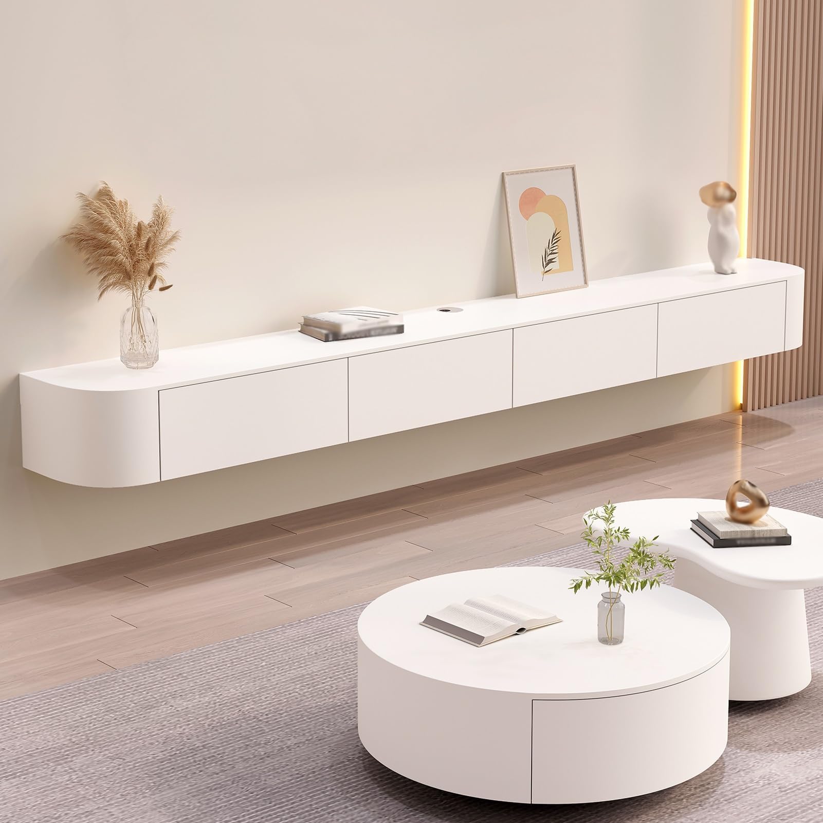 Modern Solid Wood TV Cabinet - Wall-Mounted Entertainment Center with Ample Storage & Shelves Floating Design with Drawer Stylish TV Unit for Apartments (White 280cm)