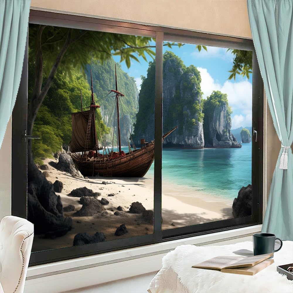 Beautiful Lake Frosted Window Film, Underwater Stone Rustic Tree Self-Adhesive Stained Glass Privacy Film, Sun Blocking Decorative Cover for Bathroom & Glass Door, 35.4Wx63L-inch x2 Pcs