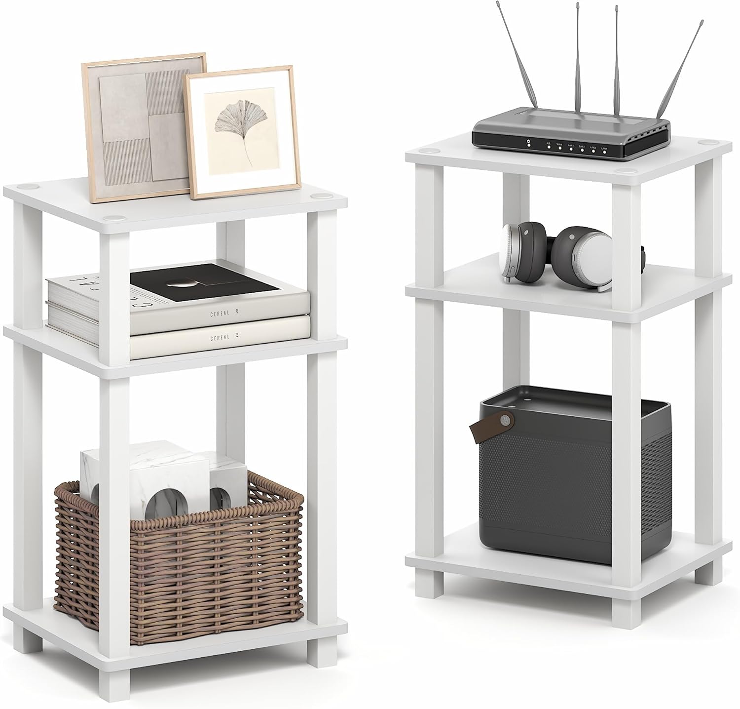 Furinno JUST Side Table Set of 2, 3-Tier Open Shelf Modern End Table, Toolless Assembly Night Stand, Bedside Table with Square Tube, for Living Room, Bedroom, White