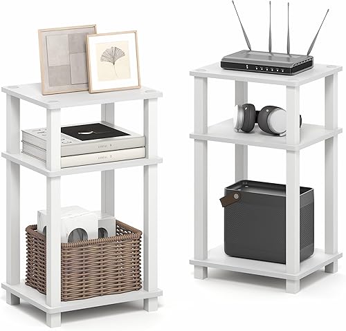 Miniatura 20 de Furinno JUST - Juego de 2 mesas auxiliares, mesa auxiliar abierta de 3 niveles, mesa de noche de montaje sin herramientas, mesa de noche con tubo