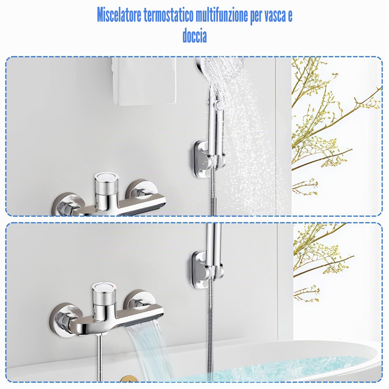 Rubinetto Vasca Doccia Termostatico a Parete, Bocca a Cascata Rubinetto per Doccia, Corpo in Ottone Cromato, Maniglia Regolabile, Standard G1/2 per Bagno Moderno
