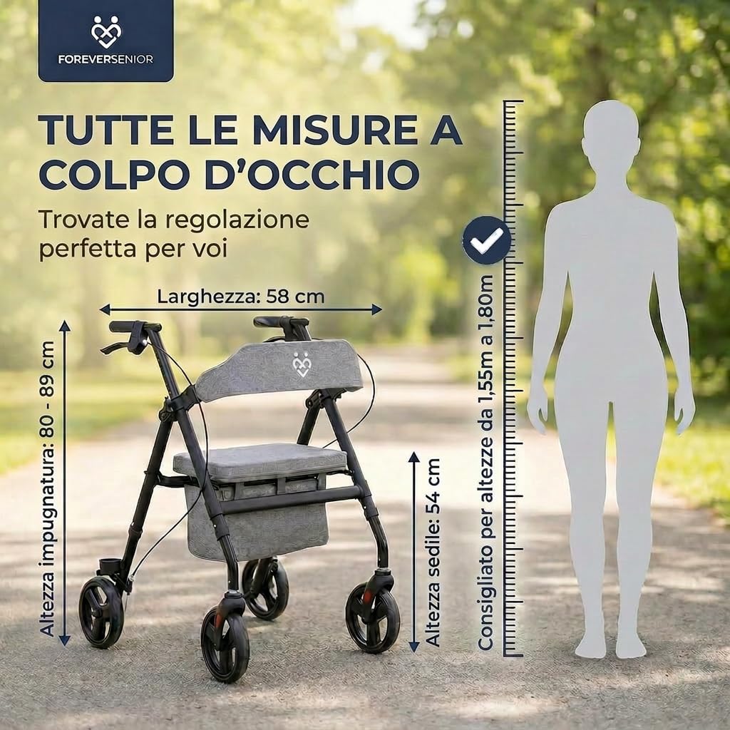 Deambulatore Rollator Pieghevole Leggero 9 kg con Seduta – Girello per Anziani in Acciaio, Borsa e Schienale Imbottito, Design Stretto per Interno ed Esterno