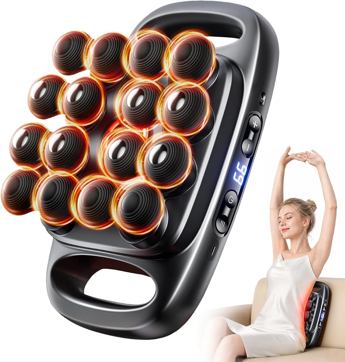 Pistola de masaje de 16 cabezas Dispositivo de masaje eléctrico de tejido profundo con 8 nodos de metal y 8 nodos roscados, masajeador de mano estilo afeitadora de cuerpo completo para masajeador de espalda y hombros de gran superficie, 10 velocidades y 3 modos