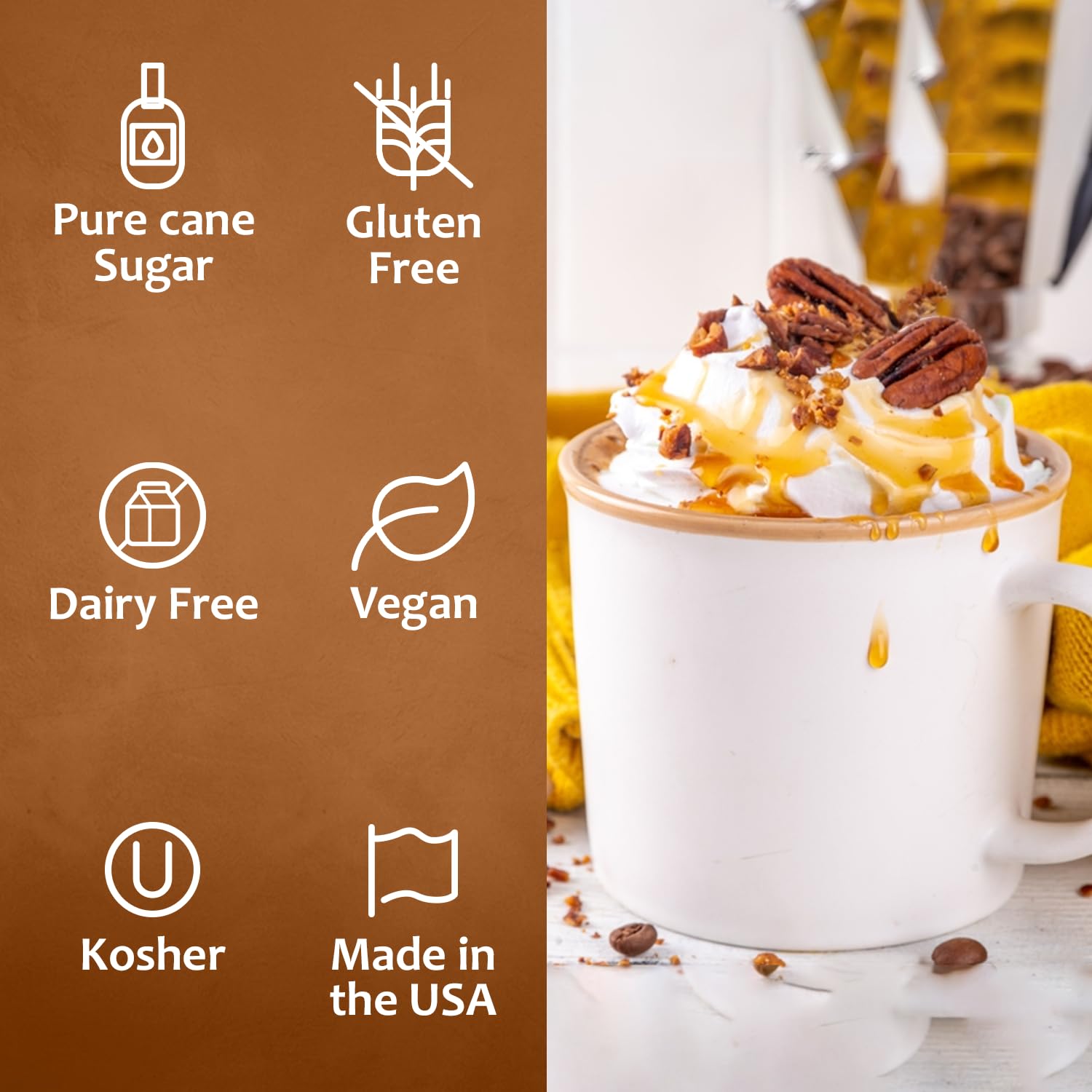 Syruvia Caramel & Maple Bourbon Pecan Coffee Syrup - 25.4 fl oz. Premium Coffee Flavoring Syrup. Kosher, and Gluten-Free. Perfect for Enhancing Drinks, Sodas, Shakes, Desserts, and More.