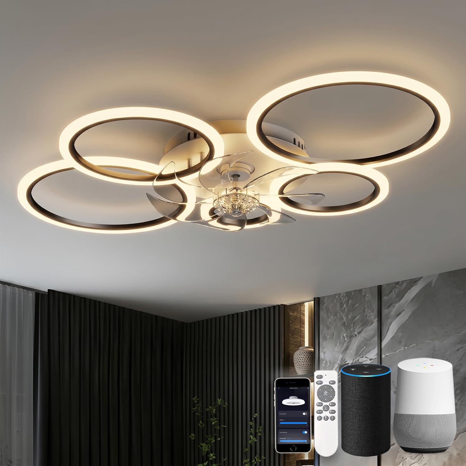Kelukes Black-Voice Control 100Cm Ceiling Fan With Light Compatible With Alexa, Living Room Ring Ceiling Fan Light, Silent Timer Dimmable Reversible Smart Fans With Lamps, Black