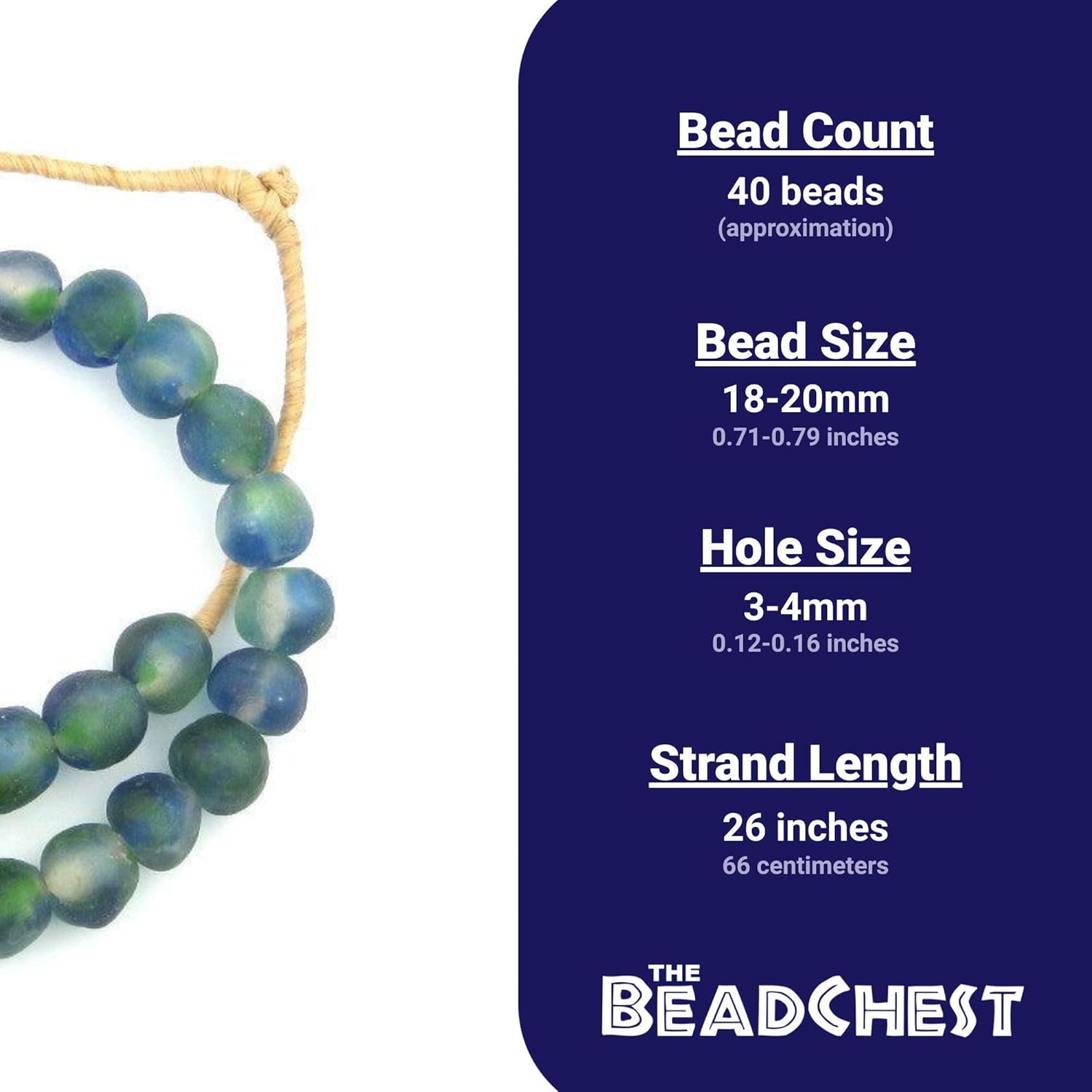 The Bead Chest African Recycled Glass Beads – Handmade in Ghana – Blue Green Swirl 18mm Strand for Jewelry Making, Crafts, and Home Decor I Approximately 40 Beads