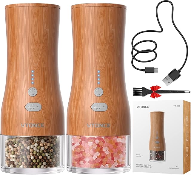 Rechargeable-Electric-Salt-and-Pepper-Grinder-Set, Electric Pepper Grinder-Light up Electronic Salt and Pepper Shakers, Automatic Pepper Grinder, Upgraded Large Capacity, Easy to Refill, Timber/ 2Pack