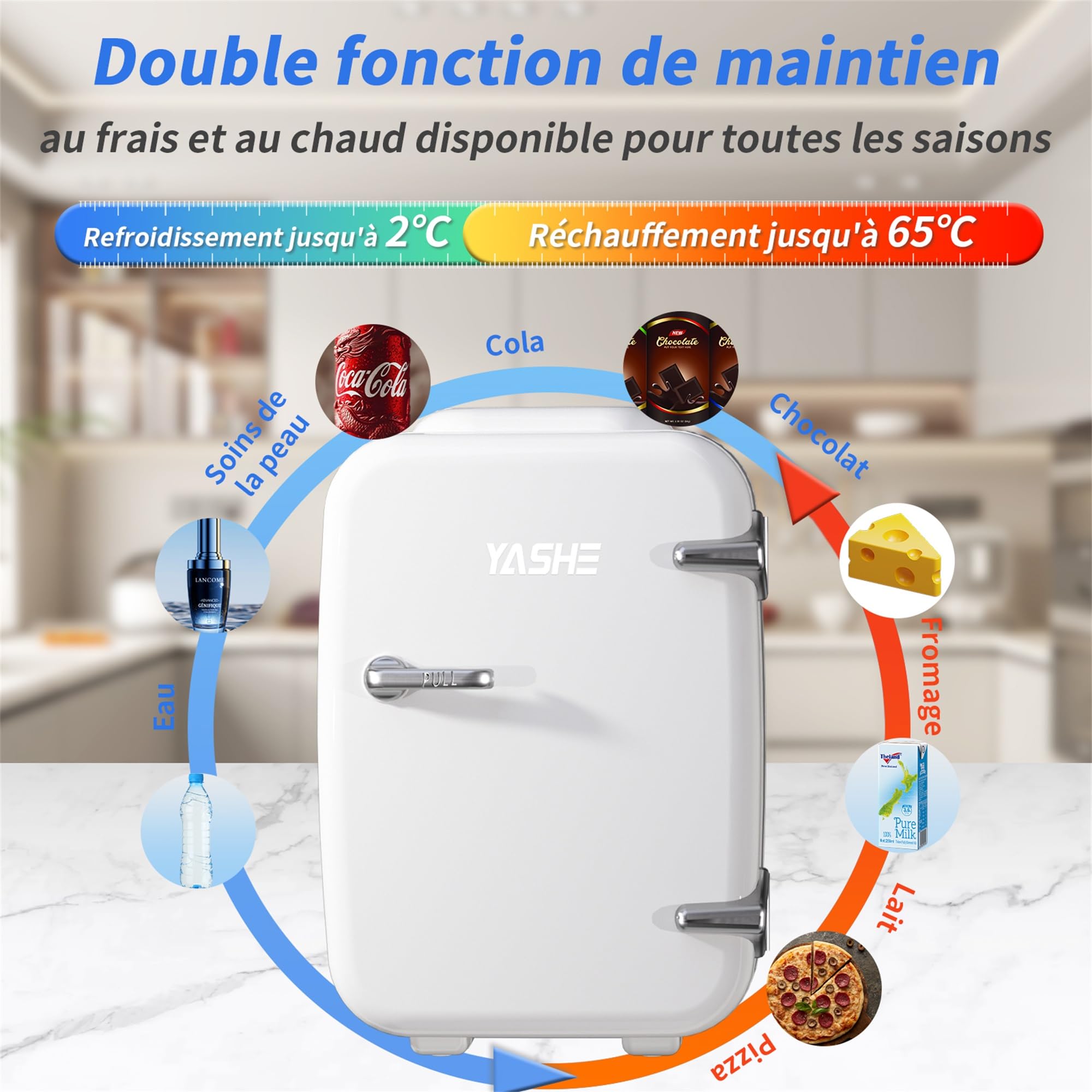 YASHE Mini Frigo de Chambre 4L/6 Canettes, Réfrigérateur Voiture 220V CA/12V CC, Petit Frigo Thermoélectrique Chaud/Froid, Blanc