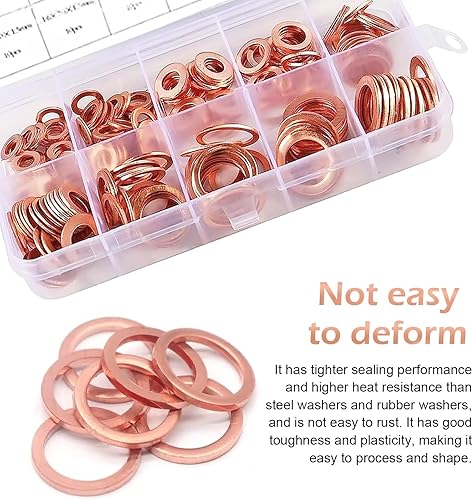 Miniatura 4 de Ferianl Juego de 200 arandelas de cobre de 9 tamaños, surtido de sellado métrico, arandelas de sellado plano M5 M6 M8 M10 M12 M14, surtido de
