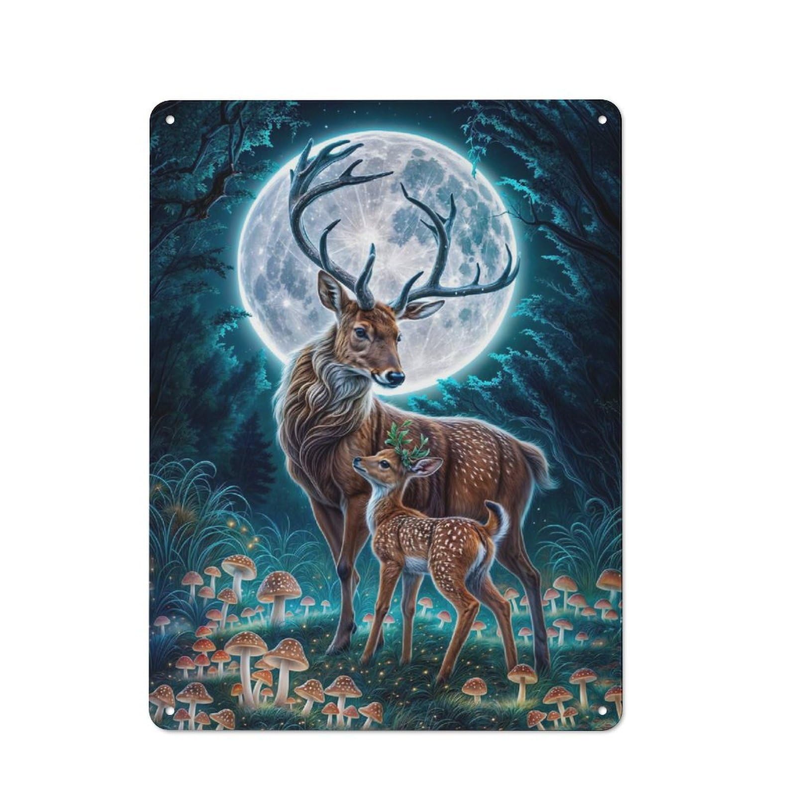Junmoney Deer Fawn Moonlit Forest 40X30cm Retro Metal Sign With For Home Office Or Studio, Suited To Wall Displays In Home Offices And Studios