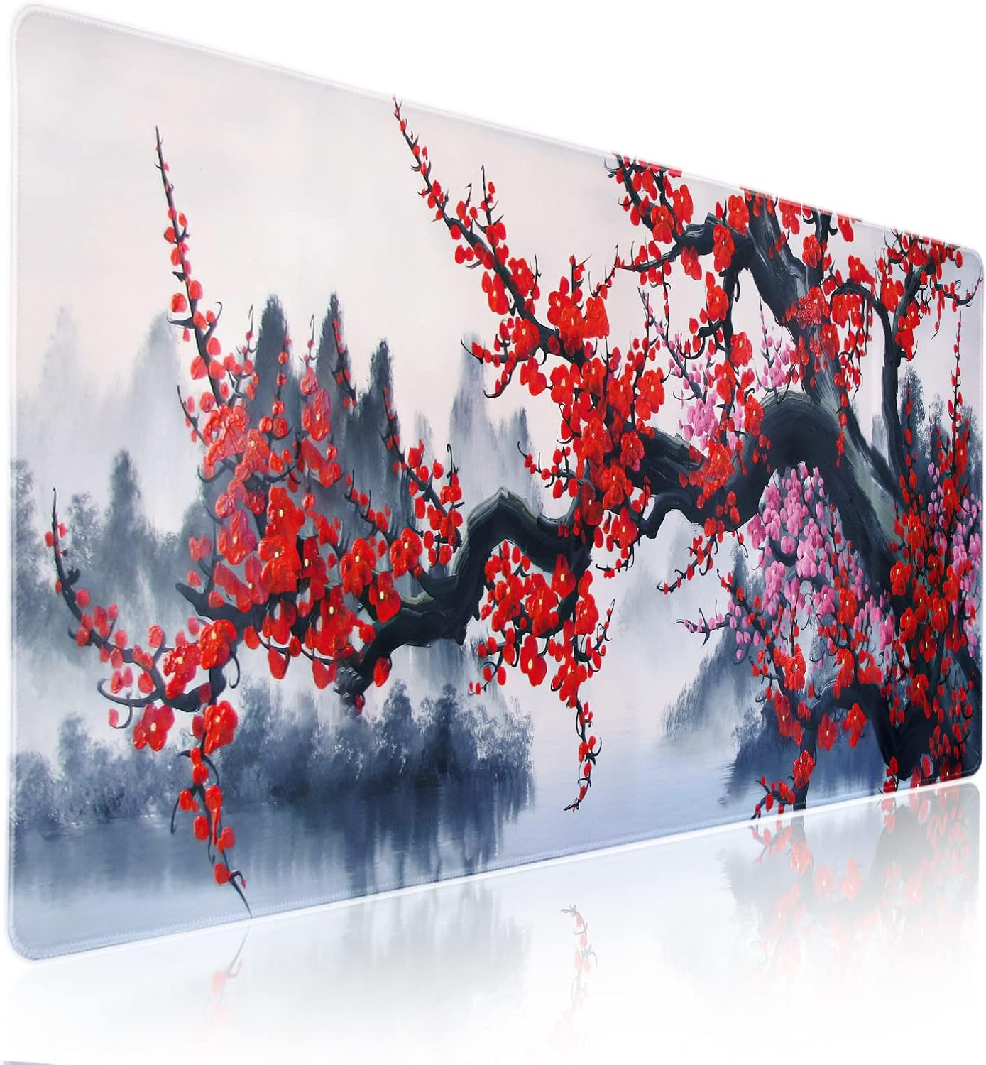 Cherry Blossom Mouse Pad Japanese Sakura Watercolor Hill Extended Desk Mat 90X40 cm Non-Slip Rubber Base Stitched Edge Large XXL Playmat for Keyboard Gaming Laptop Computer Desktop,35.4×15.7 Inch