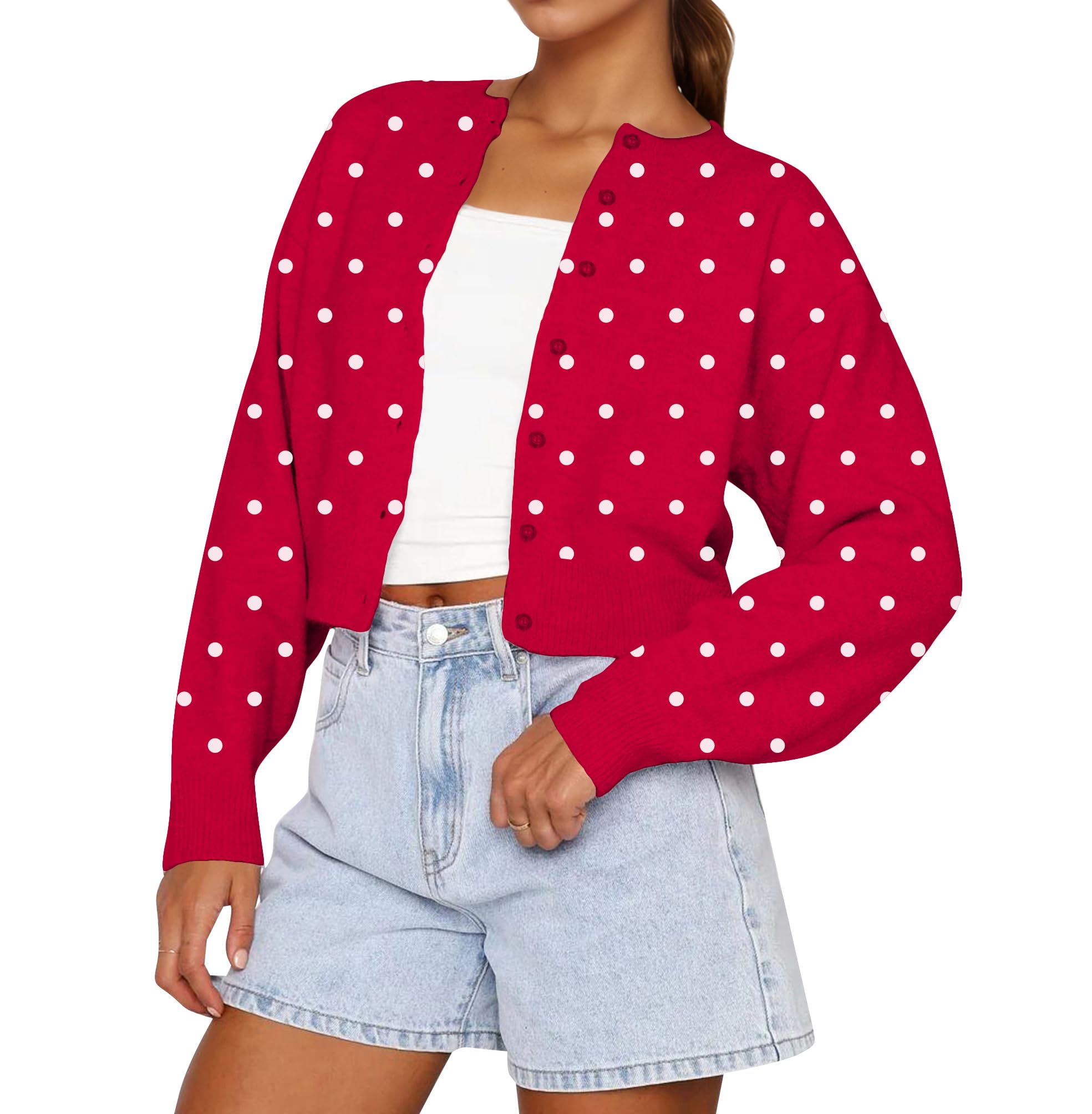 BAIGRAM Women Button Down Open Front Polka Dot Crop Cardigan Sweater Cute Long Sleeve Y2K Preppy Knit Pullover