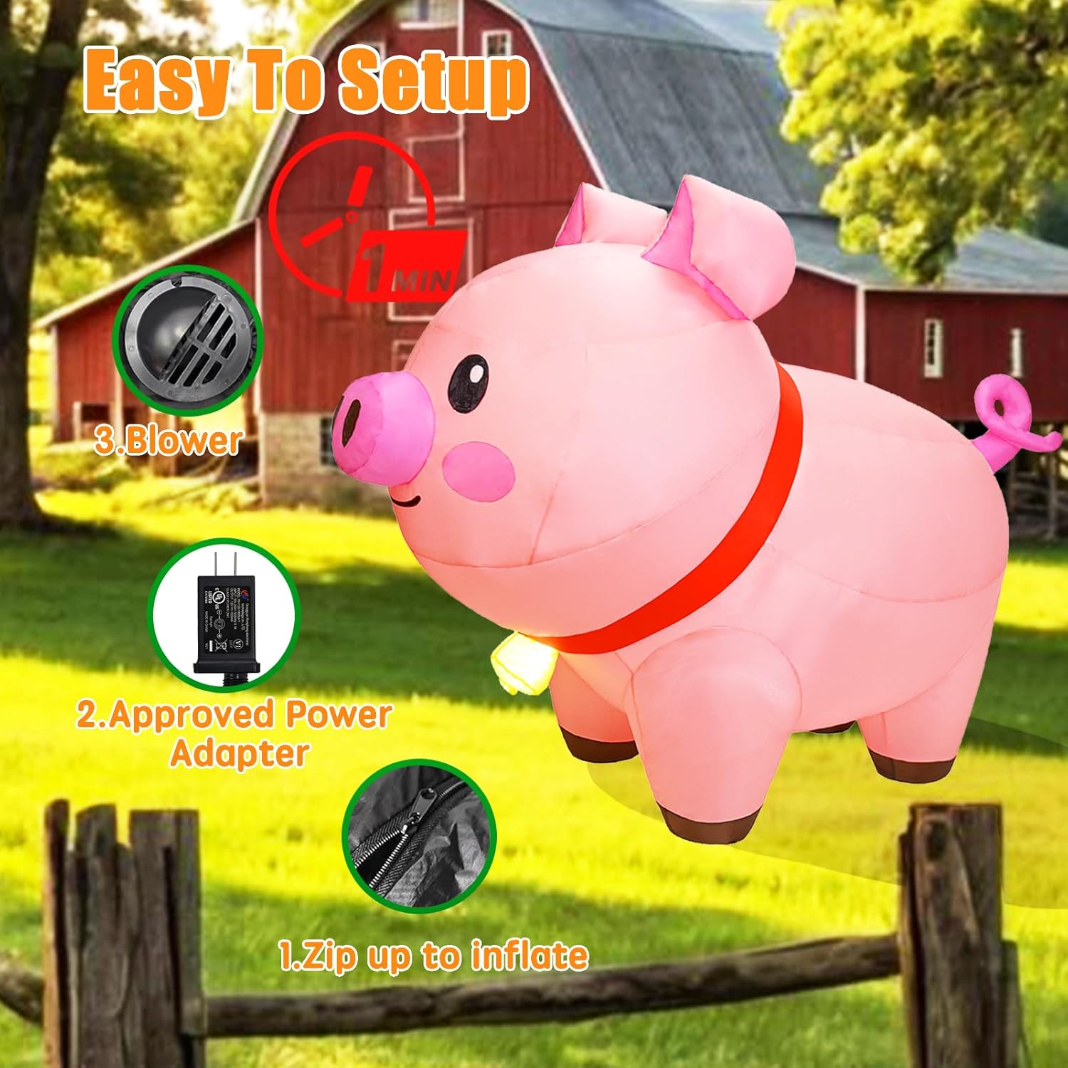 6 FT Long Pig Inflatables, Farm Ranch Yard Outdoor Decoration, Blow Up Cute Animals with Built-in LED Lights，Christmas Spring Decorations for Garden Lawn Themed Party Outside - Image 4