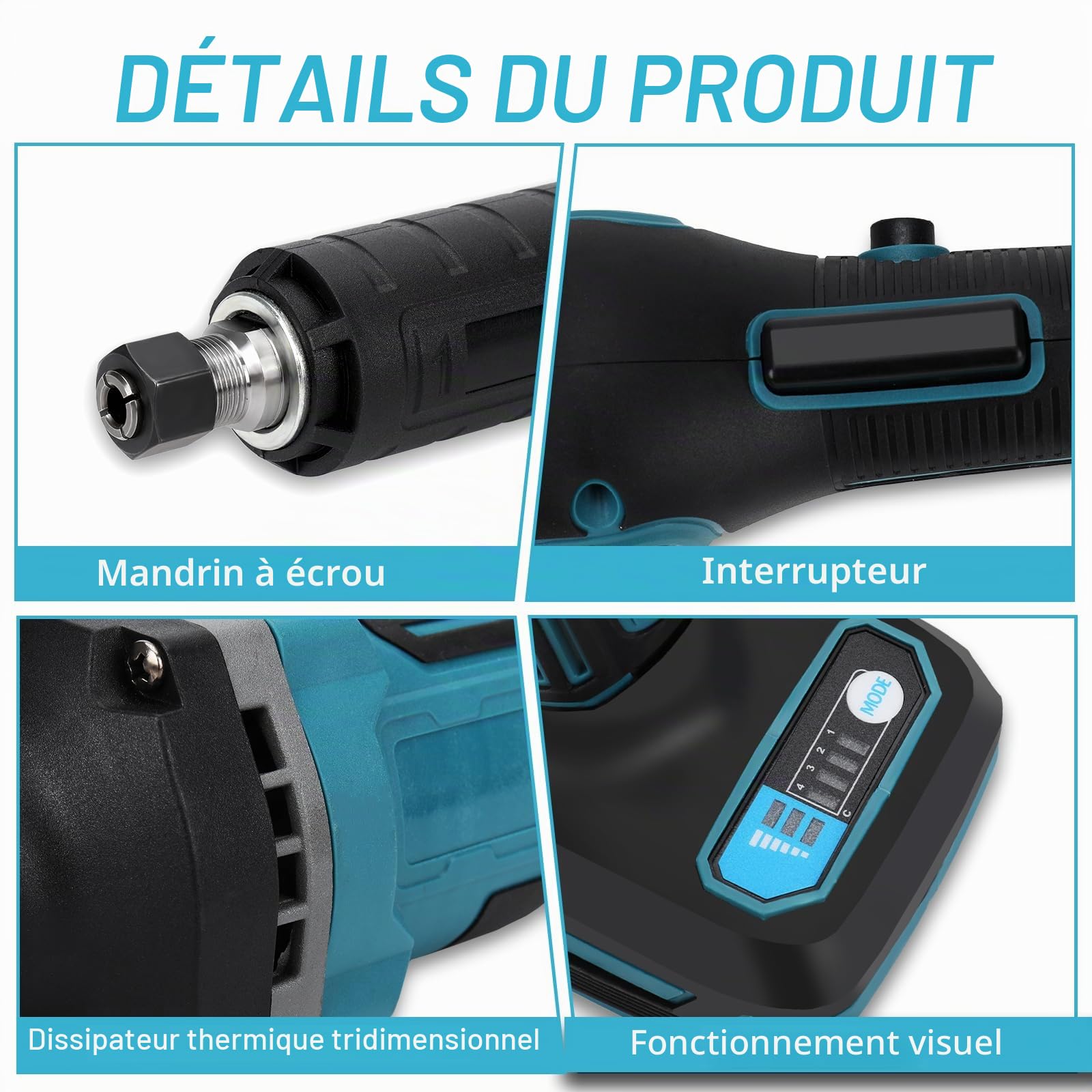 Meuleuse sans fil compatible avec Makita 18V batterie, meuleuse droite électrique sans balais avec mandrin de 6 mm et 4 vitesses réglables (sans batterie) (Pas d'accessoires)