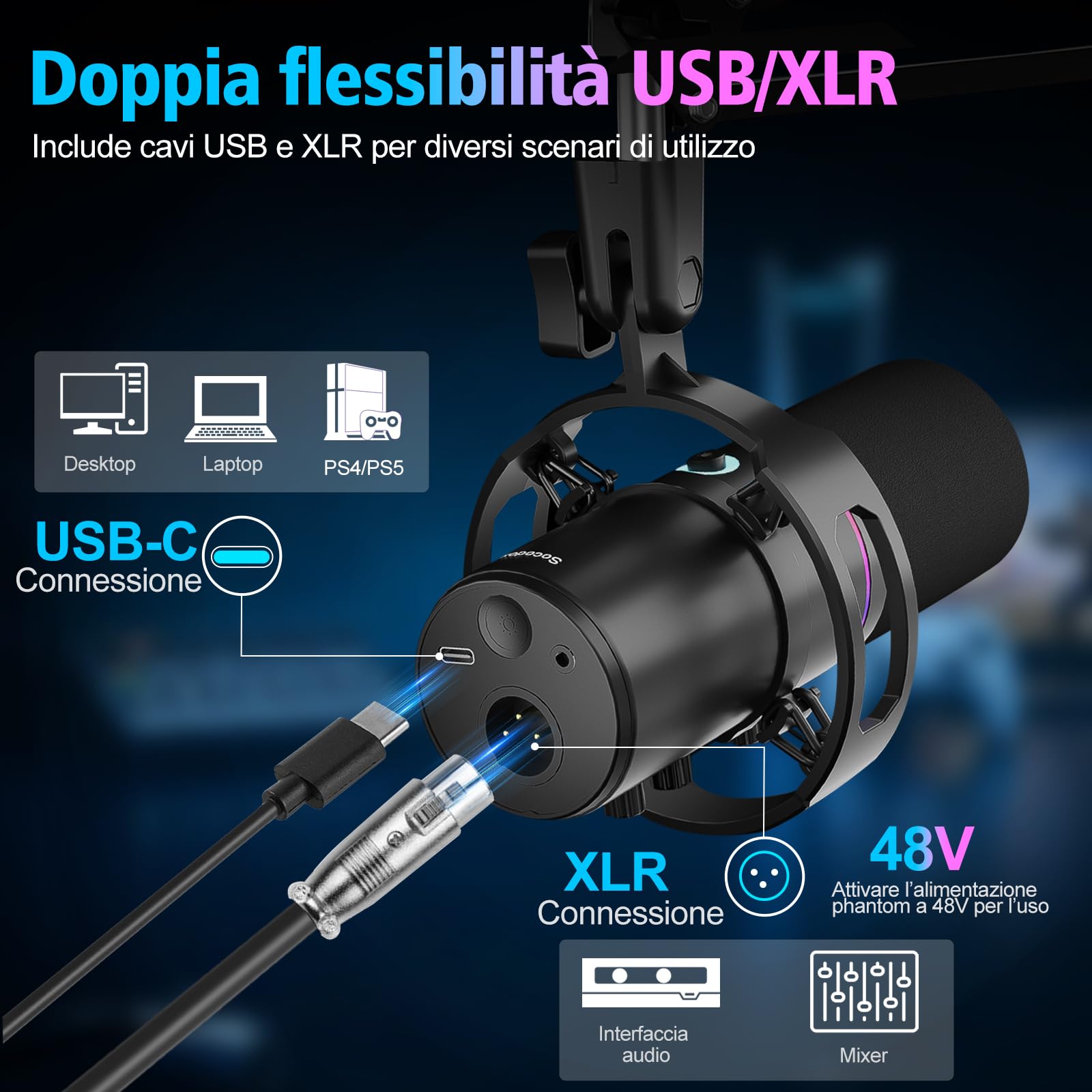 Microfono da Gaming XLR/USB con Braccio Articolato, Microfono Dinamico con Funzione di Silenziamento One-Touch, Controllo del Guadagno,Microfono RGB per Podcast,Streaming,Registrazione e Voce