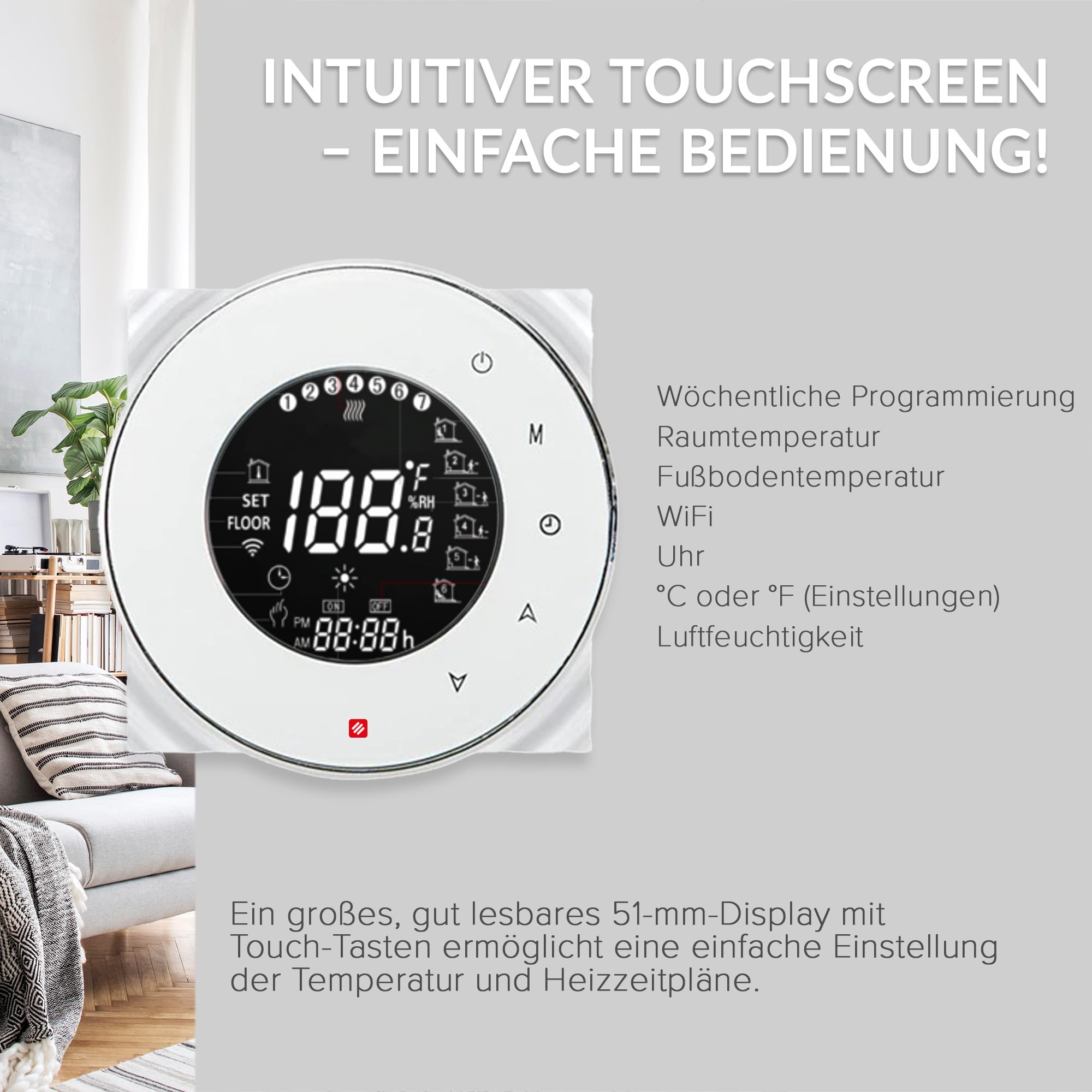 DREAM HEAT Inteligentny termostat, okrągły wyświetlacz dotykowy, sterowanie Wi-Fi, programowalne tryby, kompatybilny z Amazon Echo, Google Home
