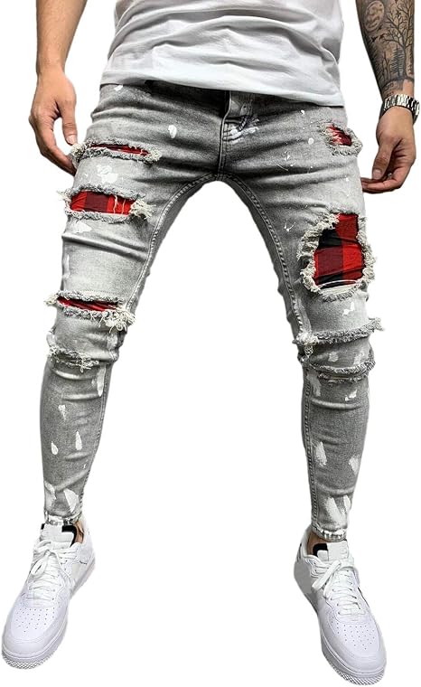 Men's Ripped Jeans Slim Fit Plaid 