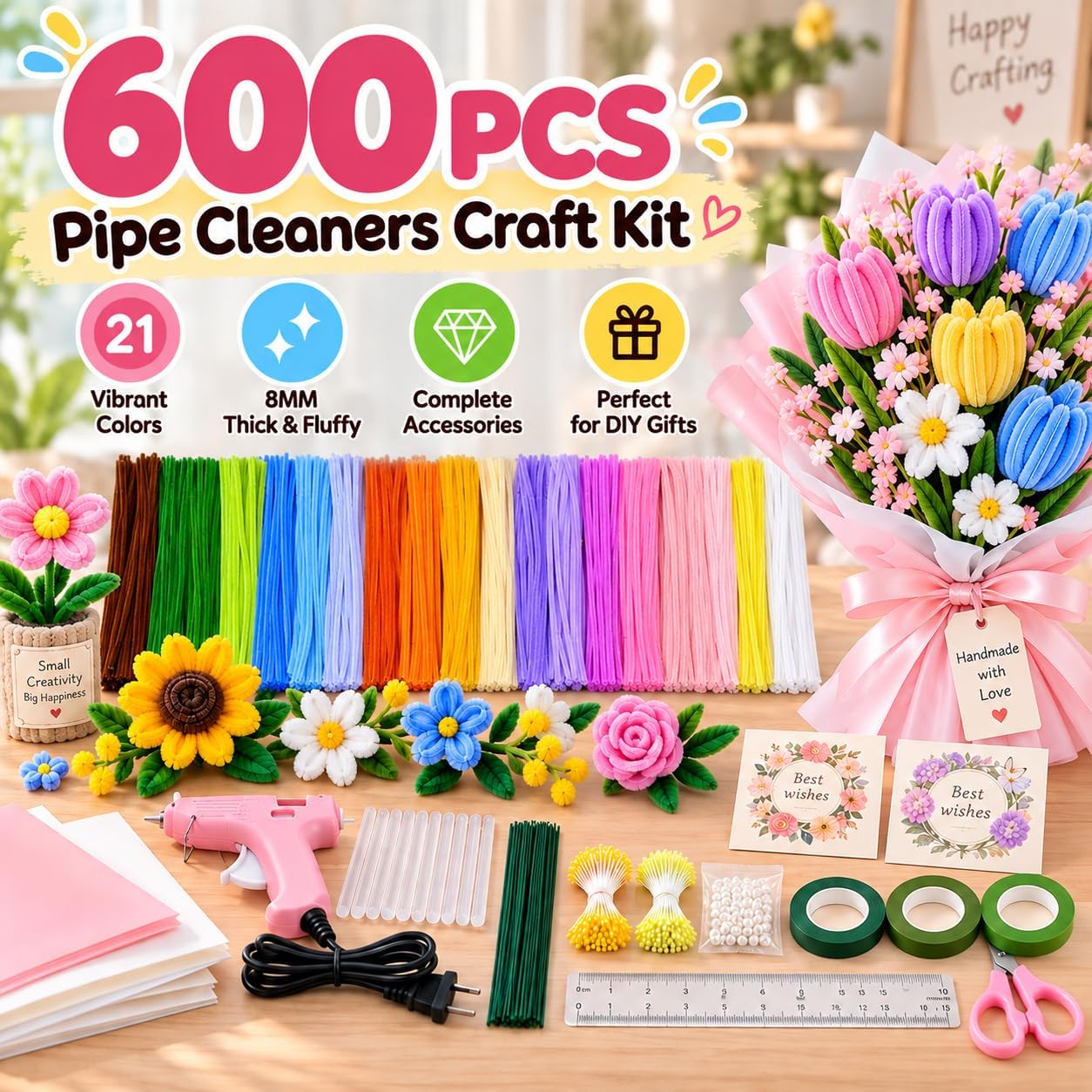 HSIFMATE 1050 PCS Pipe Cleaners for Crafts, 21 Colors 8mm Thick Fluffy Chenille Stems, Pipe Cleaner Flower Making Kit with Glue Gun, Floral Wire, Tape & Wrapping Paper, DIY Flower Craft Kit
