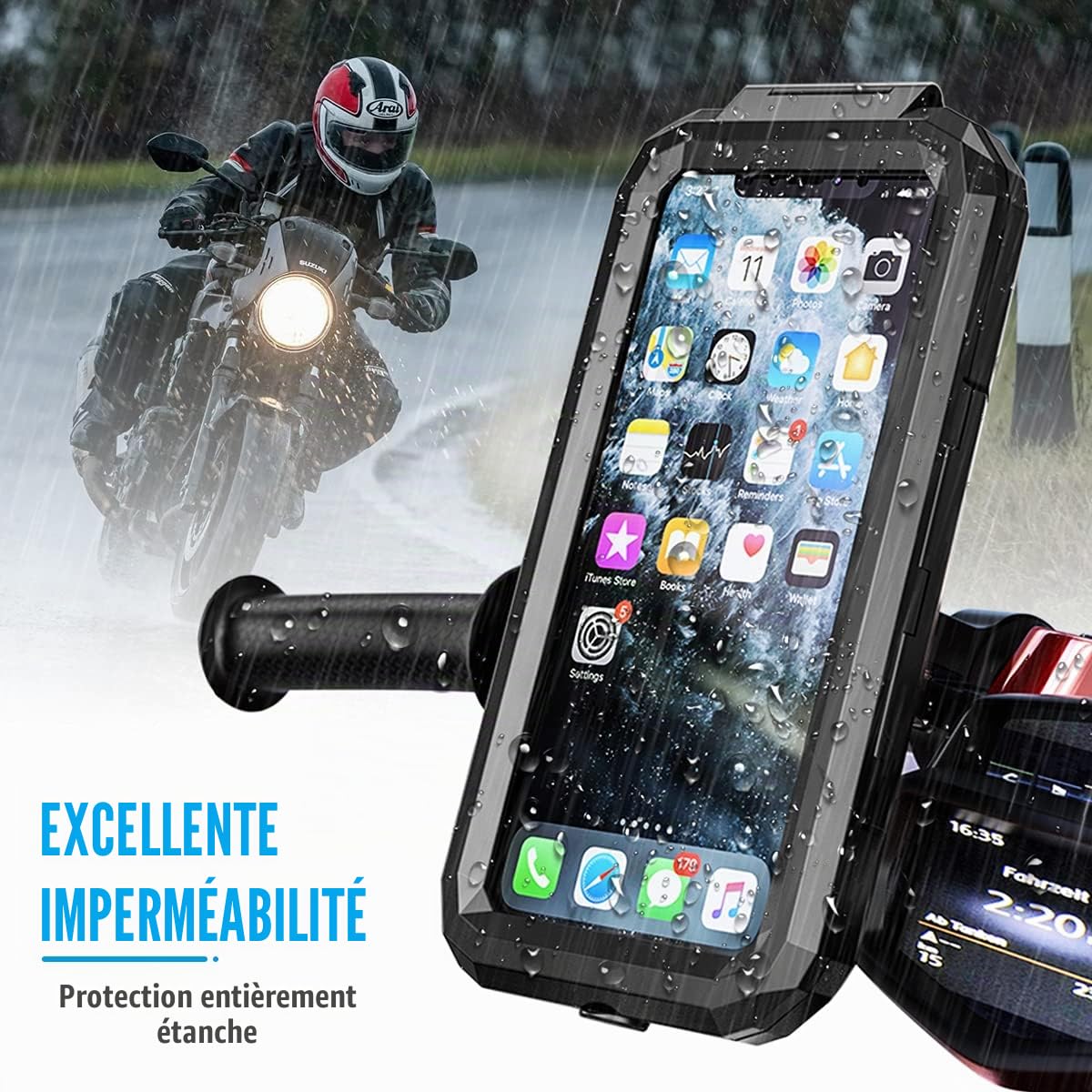 Support Telephone Vélo Etanche Support de Guidon Portable Téléphone 360° Rotation Support Smartphone Moto Scooter Détachable, Porte Telephone Velo pour Smartphone 5,5-6,8 Pouces (L)