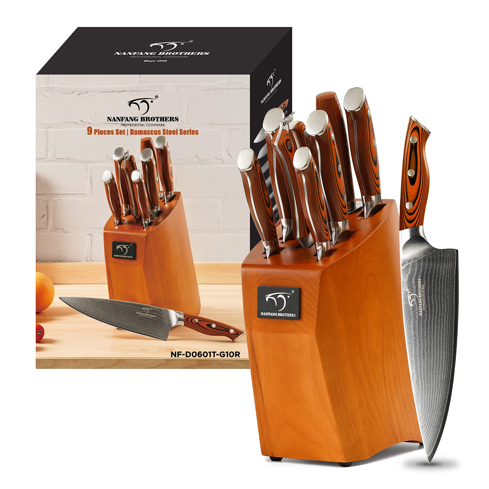 NF-D0601T-G10R Kitchen Damascus Knife Set, 9-Piece Kitchen Knife Set with Block, Non-slip G10 Ergonomic Triple Rivet Handle for Chef Knives, Knife Sharpener and Kitchen Shears