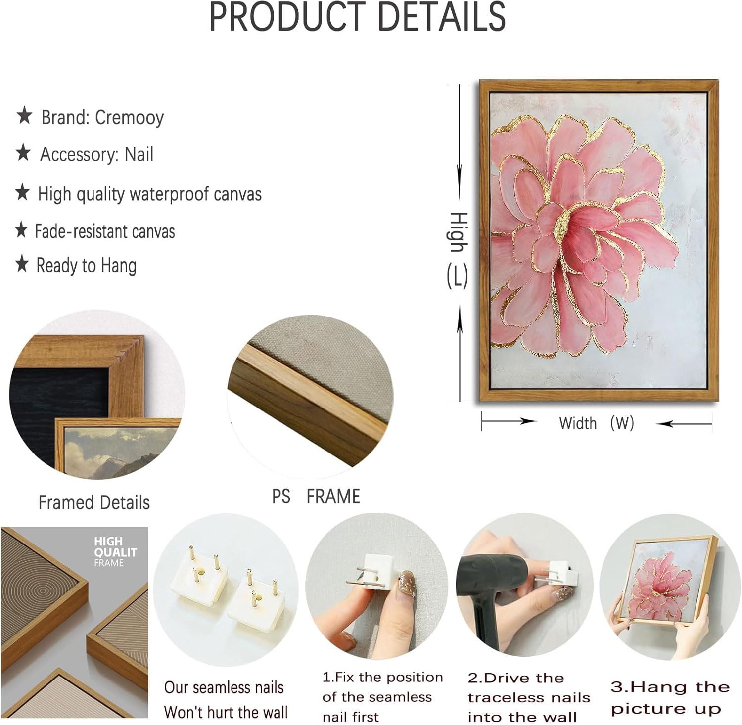 Framed Pink Peony Flower Canvas Wall Art Modern Pink and Gold Floral painting Decor Pictures Abstract flowering Posters Prints for Corridor Living Classroom Bedroom Woman Room Decoration - Image 2