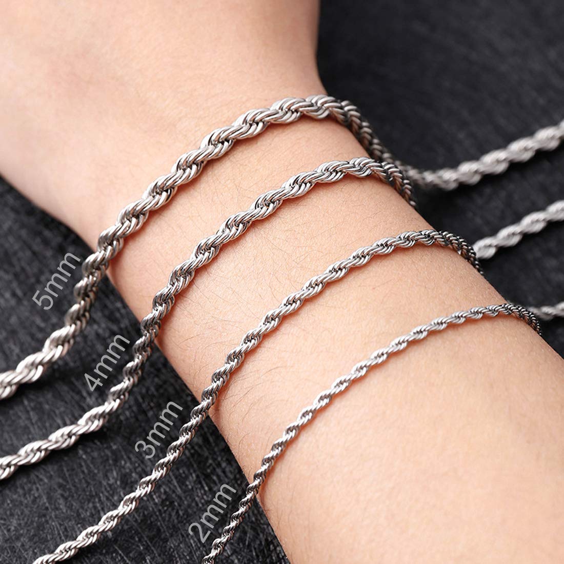 OSTAN Collana da Uomo Donna Catena di Corda Intrecciata Collegamento in Acciaio Inossidabile Larghezza 2.0-5.0 MM Lunghezza 45-80 CM Argento