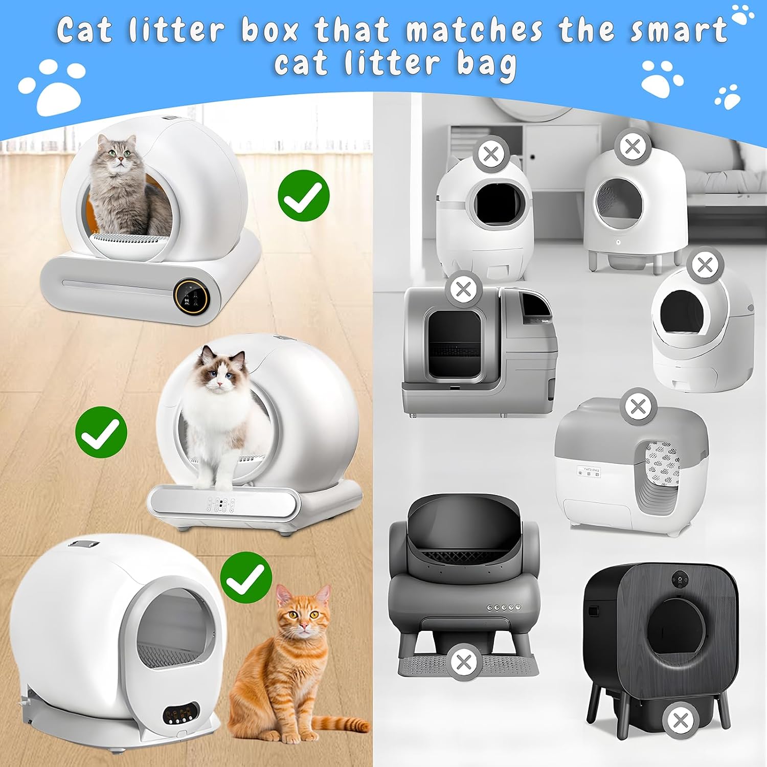 Diagram showing compatible and incompatible smart cat litter box models for the bags
