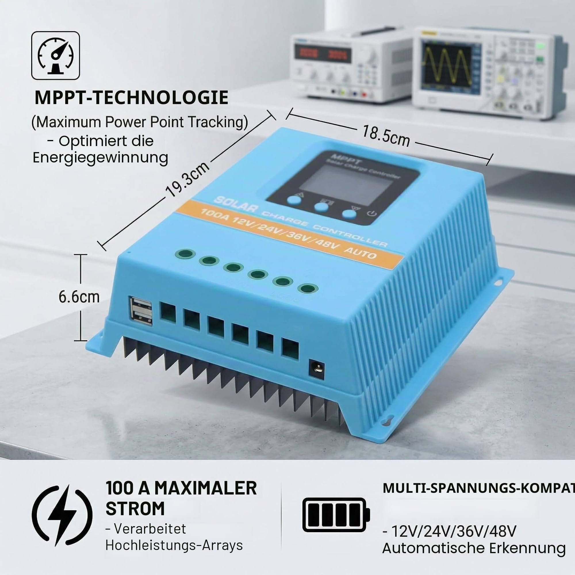Solarregler 100 A MPPT/PWM Hybrid | Auto-Erkennung 12 V/24 V/36 V/48 V | LCD-Display & Dual USB | für Lithium-Batterien (LiFePO4) & Blei | Ideal für Wohnmobile, Haus und Garten