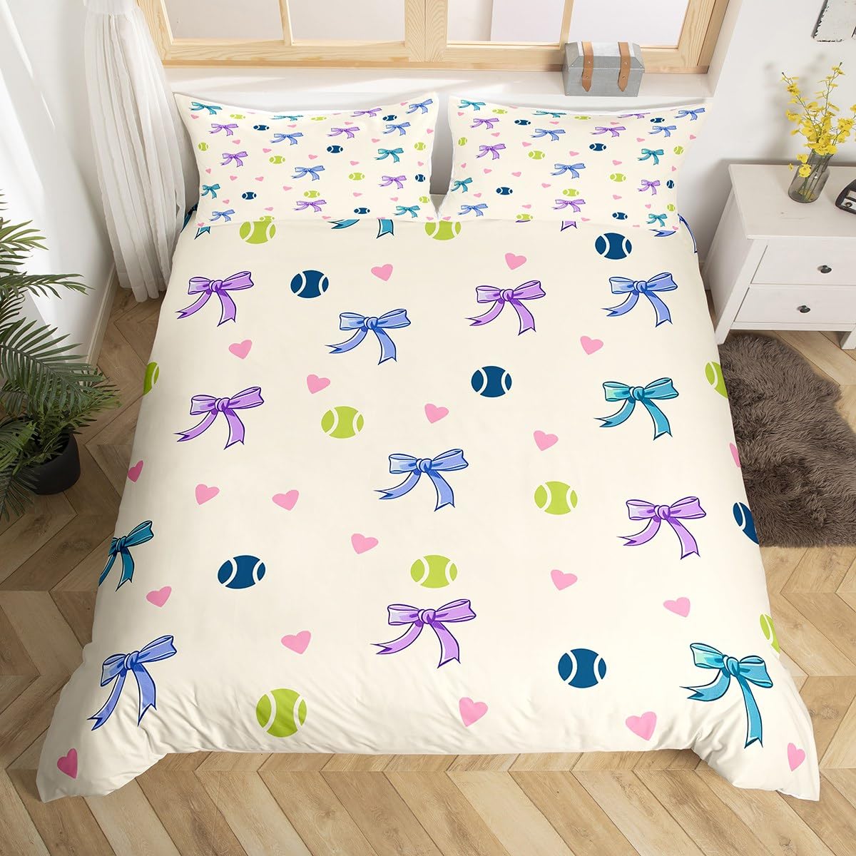 Homewish Bow Girls Single Size Duvet Cover Sets Cute Bowknots Bedding Set for Kids Teens Adults Preppy Tennis Balls Print Quilt Cover Coquette Sports Themed Decor