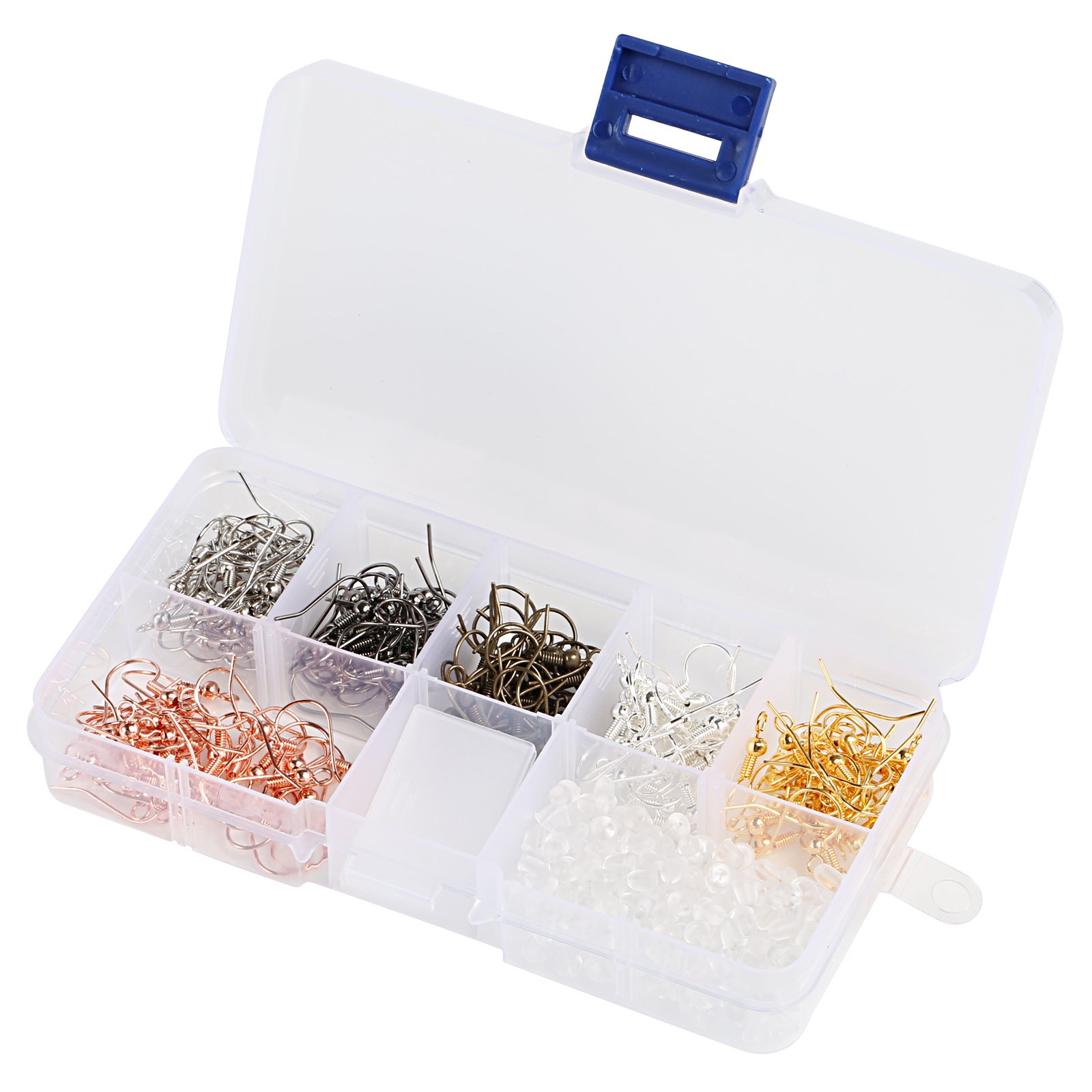 Naler 180Pcs 6 Colors Earring Hooks Ear Wires French Hooks Fish Hooks and 200Pcs Clear Rubber Earring Backs with Storage Case for DIY Jewelry Making