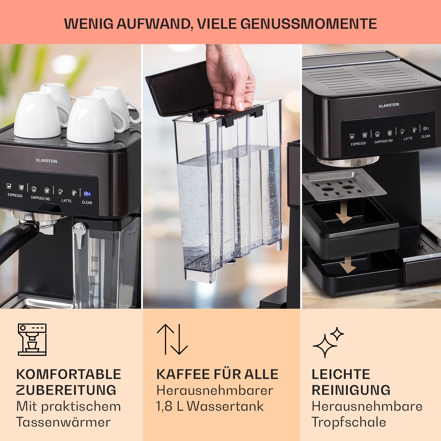 Klarstein Espresso Siebträgermaschine mit Milchaufschäumer, 1,8L Mini-Espressomaschine mit Siebträger, 20 Bar Edelstahl-Kaffeemaschine Klein, 0,5L Milchtank, 1350W, für Gemahlenen Kaffee