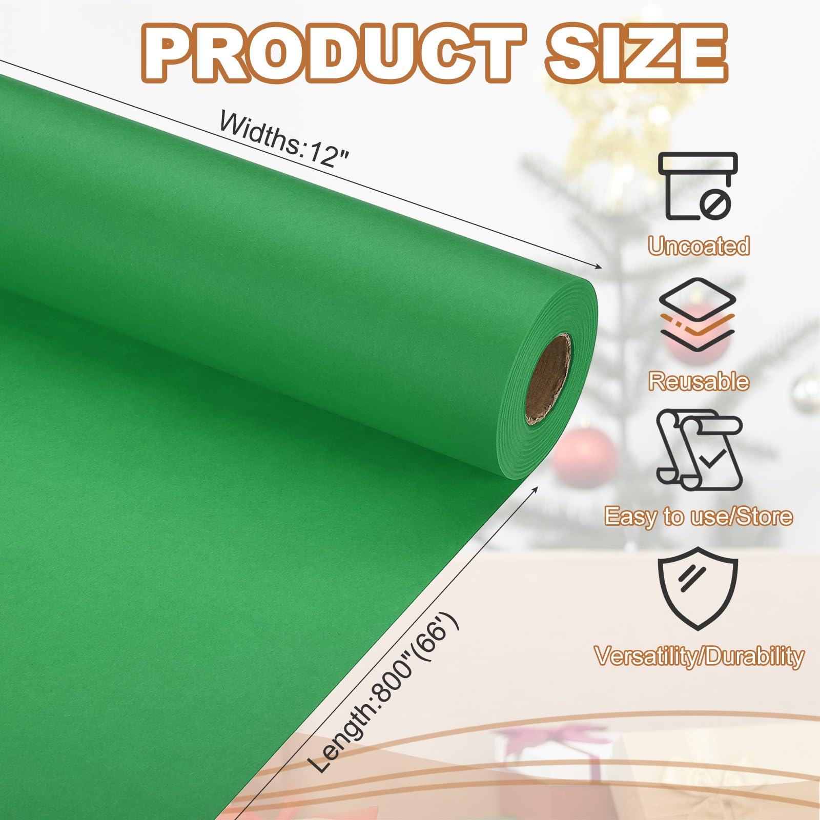 PATIKIL Wrapping Paper, 12" x 800"(66') 70 GSM Craft Paper Roll Kraft Packing Paper for Poster Bulletin Board Gift Wrapping, Green - Image 2