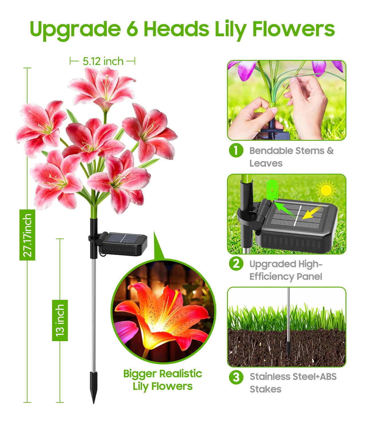 LETMY Solar Gartenleuchten, 4 Pack Solar Blumenlichter mit 6 Kopf Größere Lilienlichter, IP65 Wasserdicht Solarleuchten Außen, Dekorative Lichter für Garten, Terrasse, Hof, Blumenbeet