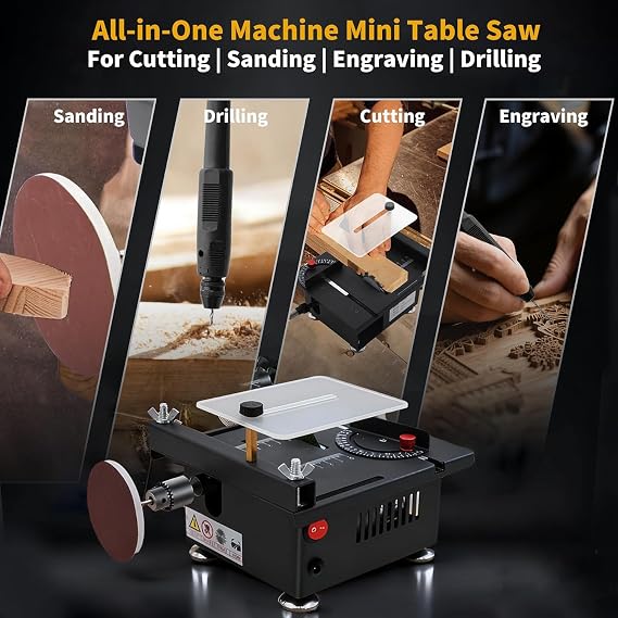 Mini Table Saw, Mini Multi Functional Table Saw for Crafts with Full Set of Accessories, 7-Speed Portable Table Saw for DIY, Cutting, Polishing, Engraving, Drilling for Woodworking, Plastic & Acrylic
