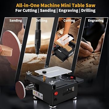 Mini Table Saw, Mini Multi Functional Table Saw for Crafts with Full Set of Accessories, 7-Speed Portable Table Saw for DIY, Cutting, Polishing, Engraving, Drilling for Woodworking, Plastic & Acrylic