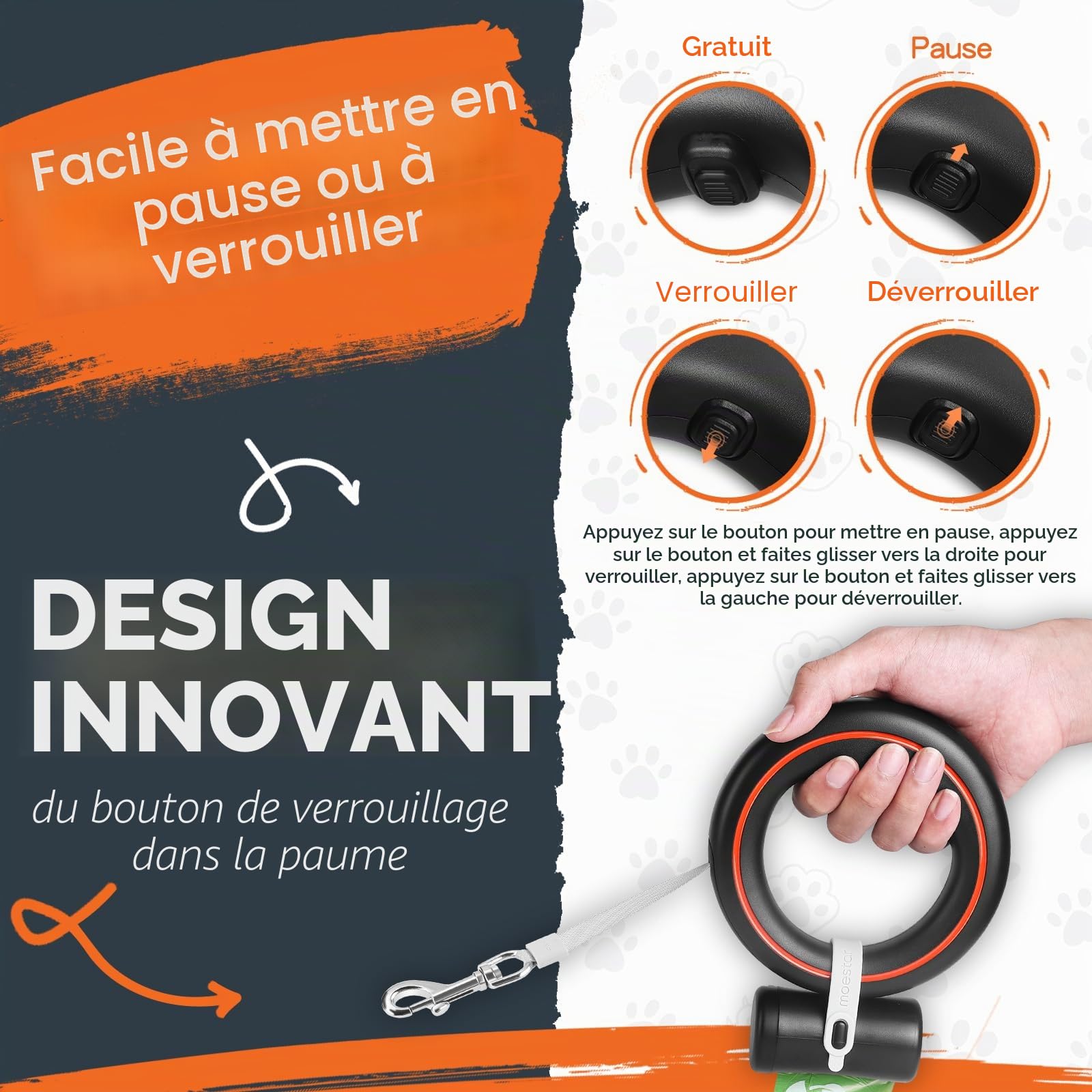 UFO Laisse rétractable à 360° sans enchevêtrement à Une Main avec verrou de Pause et Support pour Sac à déjections Canines - Ruban en Nylon Solide Mains Libres - pour Chiens de Taille Moyenne