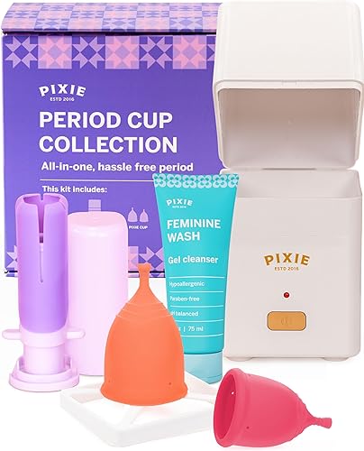 Pixie Menstrual Cup Collection - Sin metales ni toxinas, insertos como un Tampon - 2 tazas reutilizables con aplicador, esterilizador, lavado