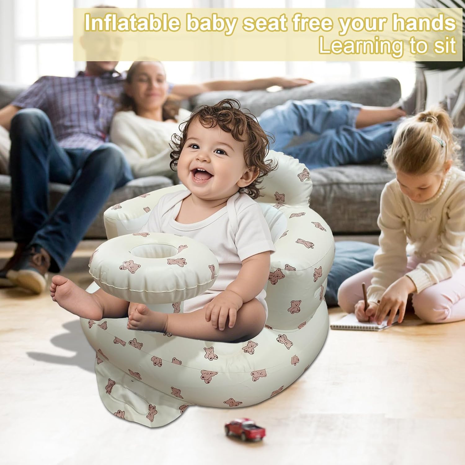 Inflatable Baby Seat for Babies 3-36 Months, Baby Chair with Fence & Built in Air Pump, Blow Up Floor Baby Seat with Back Support, Inflatable Baby Chair Sit Me Up for Home Bear-Tray