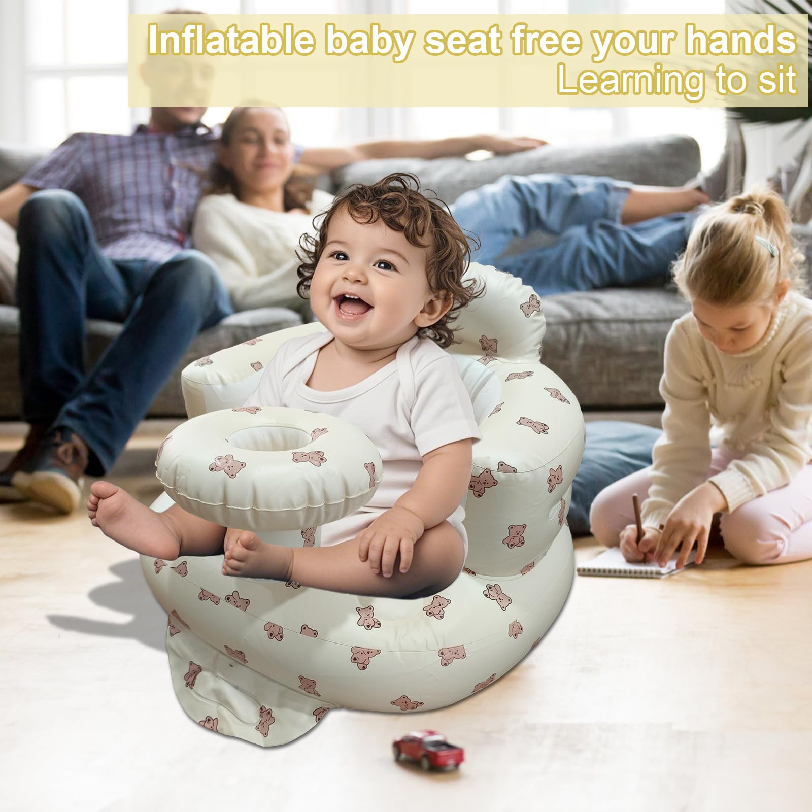 Inflatable Baby Seat for Babies 3-36 Months, Baby Chair with Fence & Built in Air Pump, Blow Up Floor Baby Seat with Back Support, Inflatable Baby Chair Sit Me Up for Home Bear-Tray