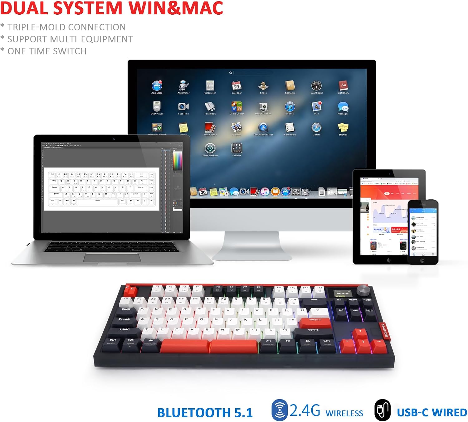 MOLGRIA SKYLOONG GK87 Double-Shot Keycaps RGB Backlit Gaming Keyboard, Hot Swappable Brown KTT Machinery Switches, Triple-Mold Connection with Knobs and LCD Display Dual-Space Mechanical Keyboard