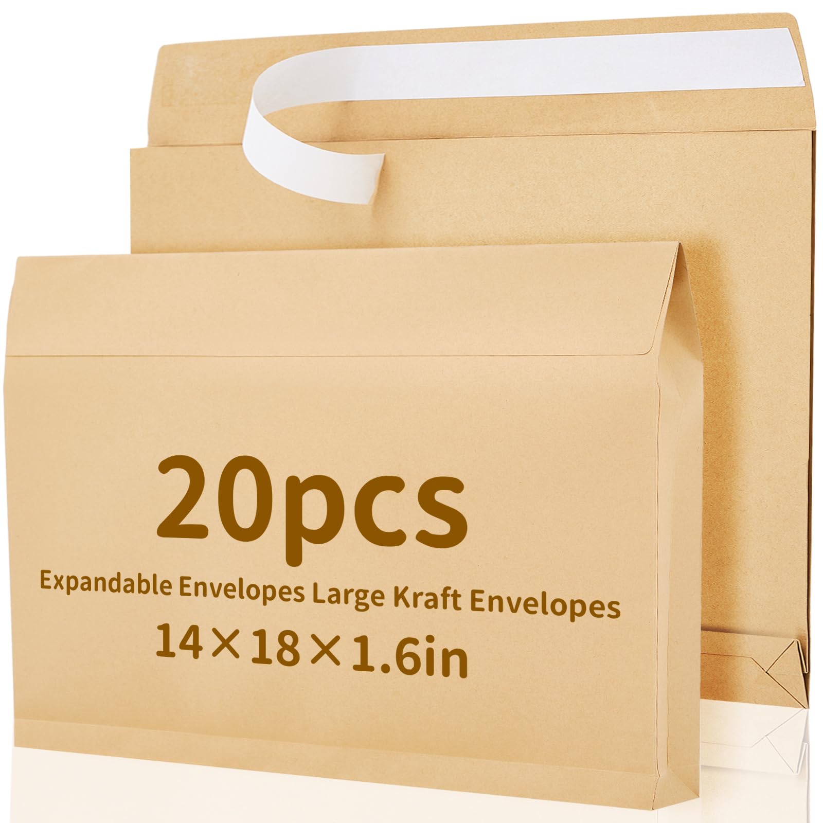 20 Pcs 14 x 18 x 1.6 Inch Large Expandable Catalog Envelopes Manilla Kraft Peel and Seal Envelopes Light Large Mailing for Office Home Documents Magazines Photos Storage Organizing(Brown)