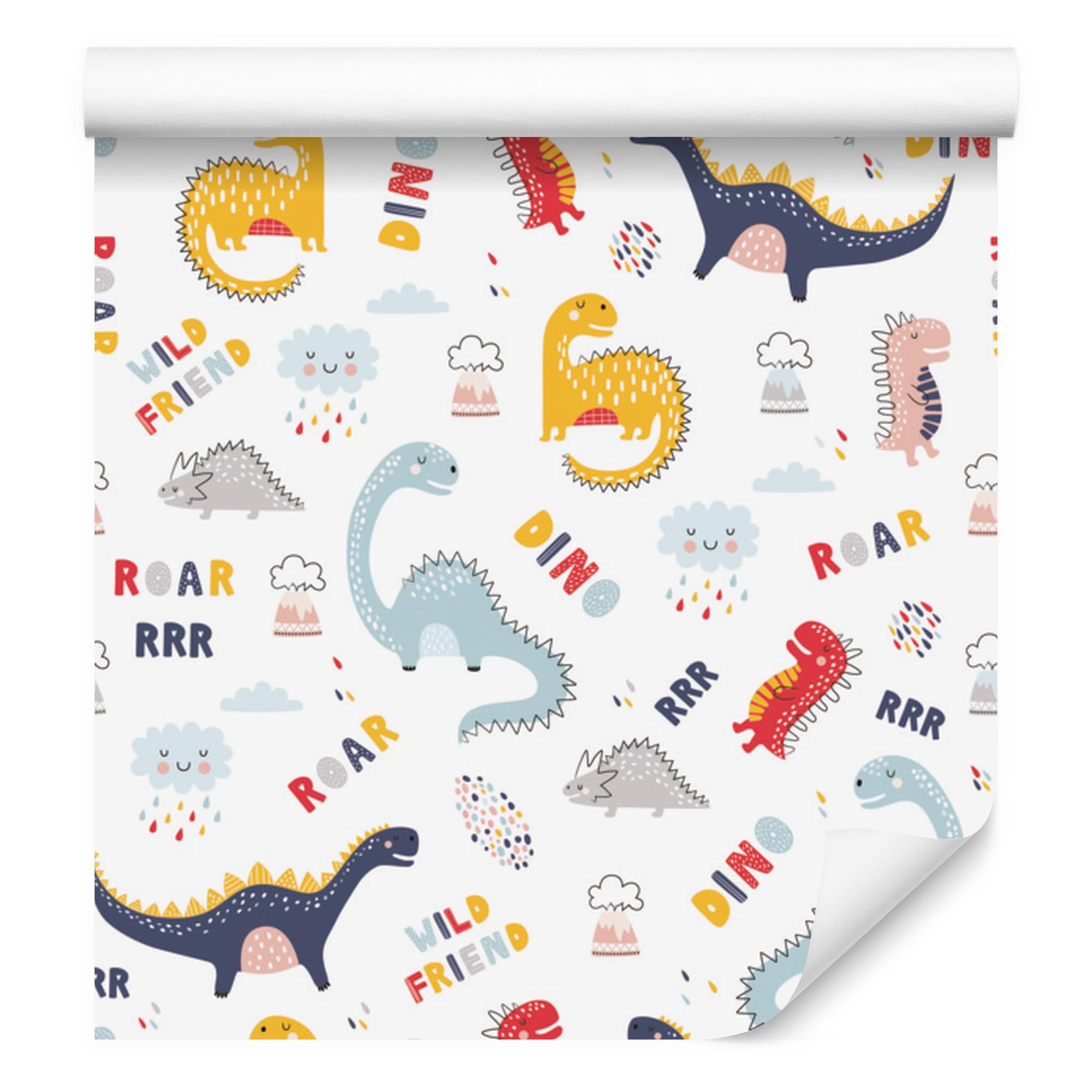 Vliestapete Bunte Wolkendinosaurier 50 x 1000 cm | Ausdrucksstarke Faunadarstellung; Lebendige Naturkulisse; Charaktervoller Zimmerschmuck; Kleister im Set