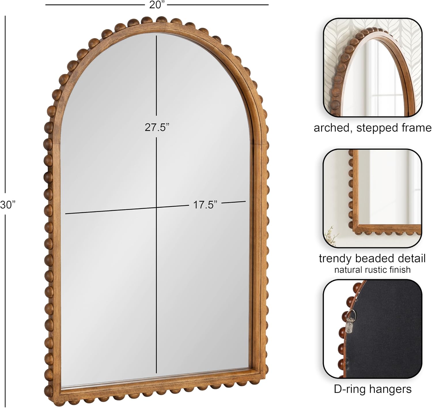 Kate and Laurel Beadbrook Modern Beaded Arched Mirror, 20 x 30, Rustic Brown, Transitional Arch Wall Mirror for Use as Bathroom Mirror or Entryway Mirror Decor