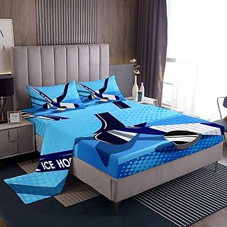 Erosebridal Ice Hockey Bed Sheets Queen Size, Hockey Puck Bedding Set for Kids Boys Teens Men, Winter Ice Sports Theme Sheet Set Bedroom Decor Fitted Sheet, Blue Flat Sheet with Deep Pocket