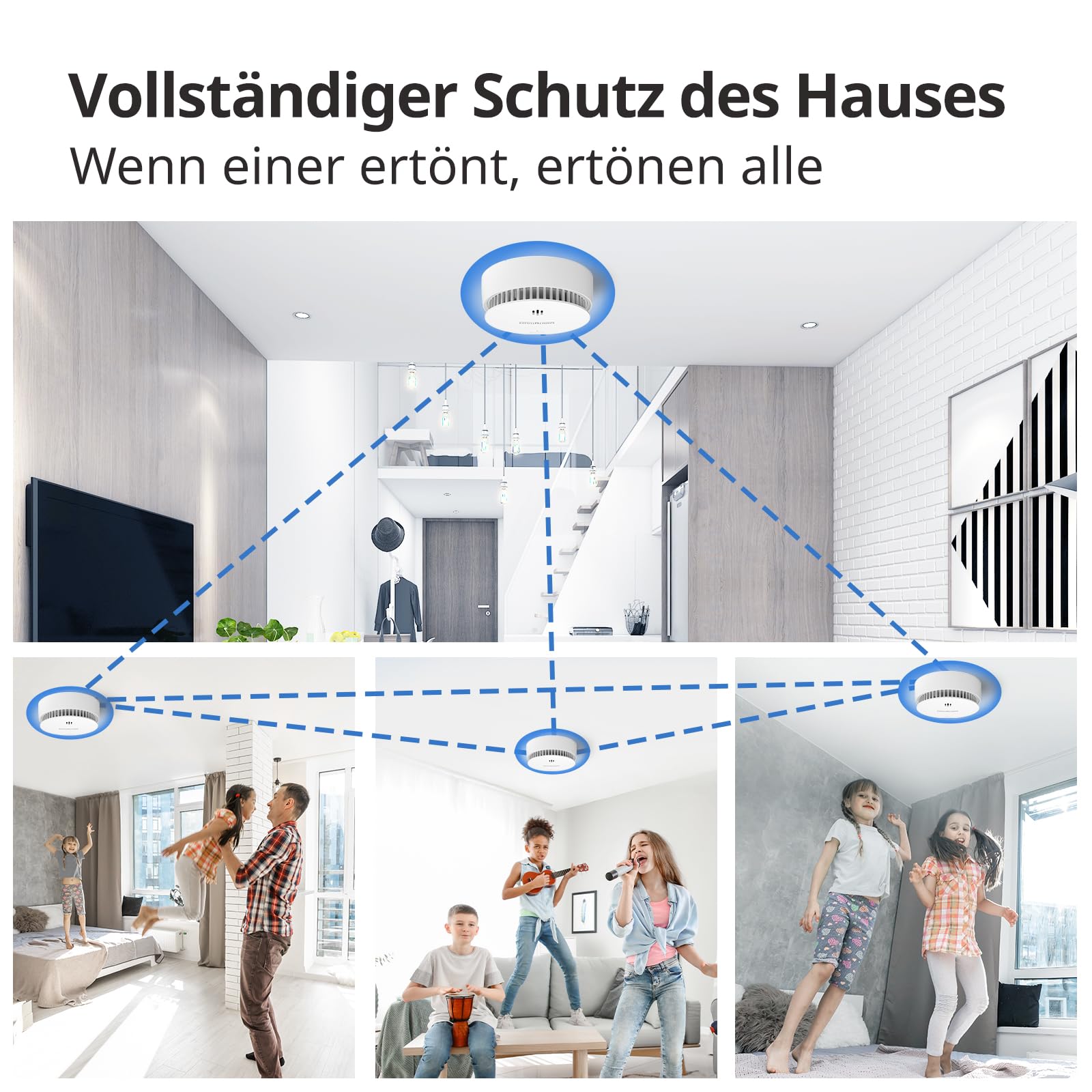 WISUALARM Rauchmelder Vernetzt, Rauchmelder 10 Jahre Batterie, Feuermelder Vernetzt, Mute Funktion, Konform mit EN14604 (3 Stück vorverkettet)