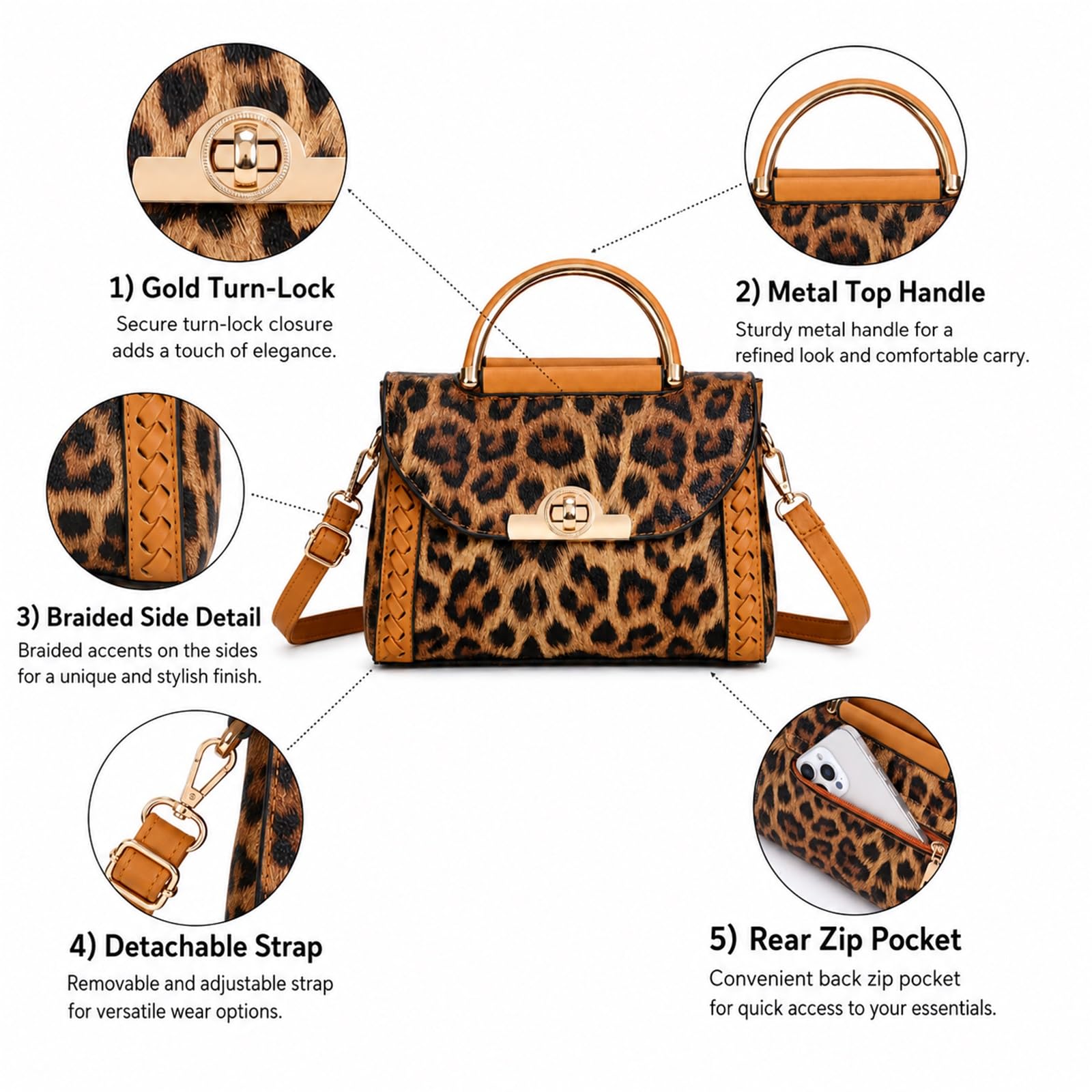 SENDEFN Bolsos de mano para mujer, con estampado de leopardo, elegante, bolso cruzado para mujer, para ocio y viajes