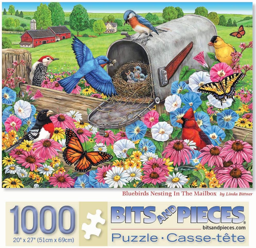 Bits and Pieces - 1000 Piece Jigsaw Puzzle for Adults 24" x 30" - Bluebirds Nesting in The Mailbox - 1000 pc Blooming Flowers, Butterfly, Birds Jigsaw by Artist Linda Bittner