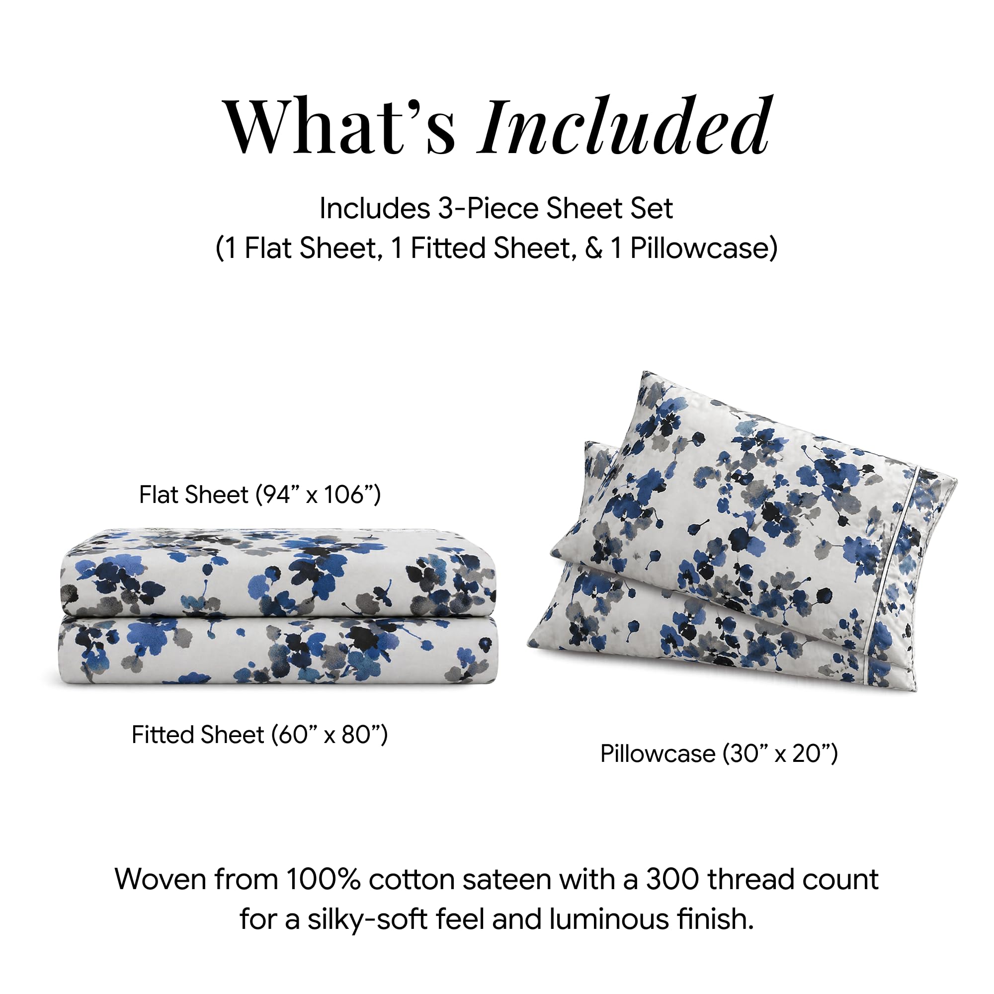 Tribeca Living Juego de sábanas Queen, satén de algodón Suave de 300 Hilos, Estampado Floral, Profundidad Extra, Juego de Ropa de Cama de 4 Unidades, Azul Lisboa/Multicolor